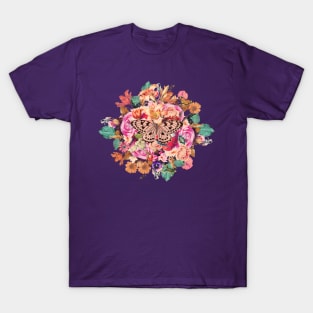 Butterfly with Peach and Teal Vintage Flowers T-Shirt